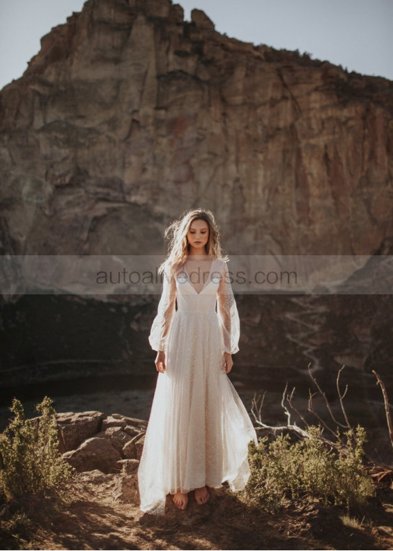 Long Sleeve Ivory Sparkle Tulle Wedding Dress